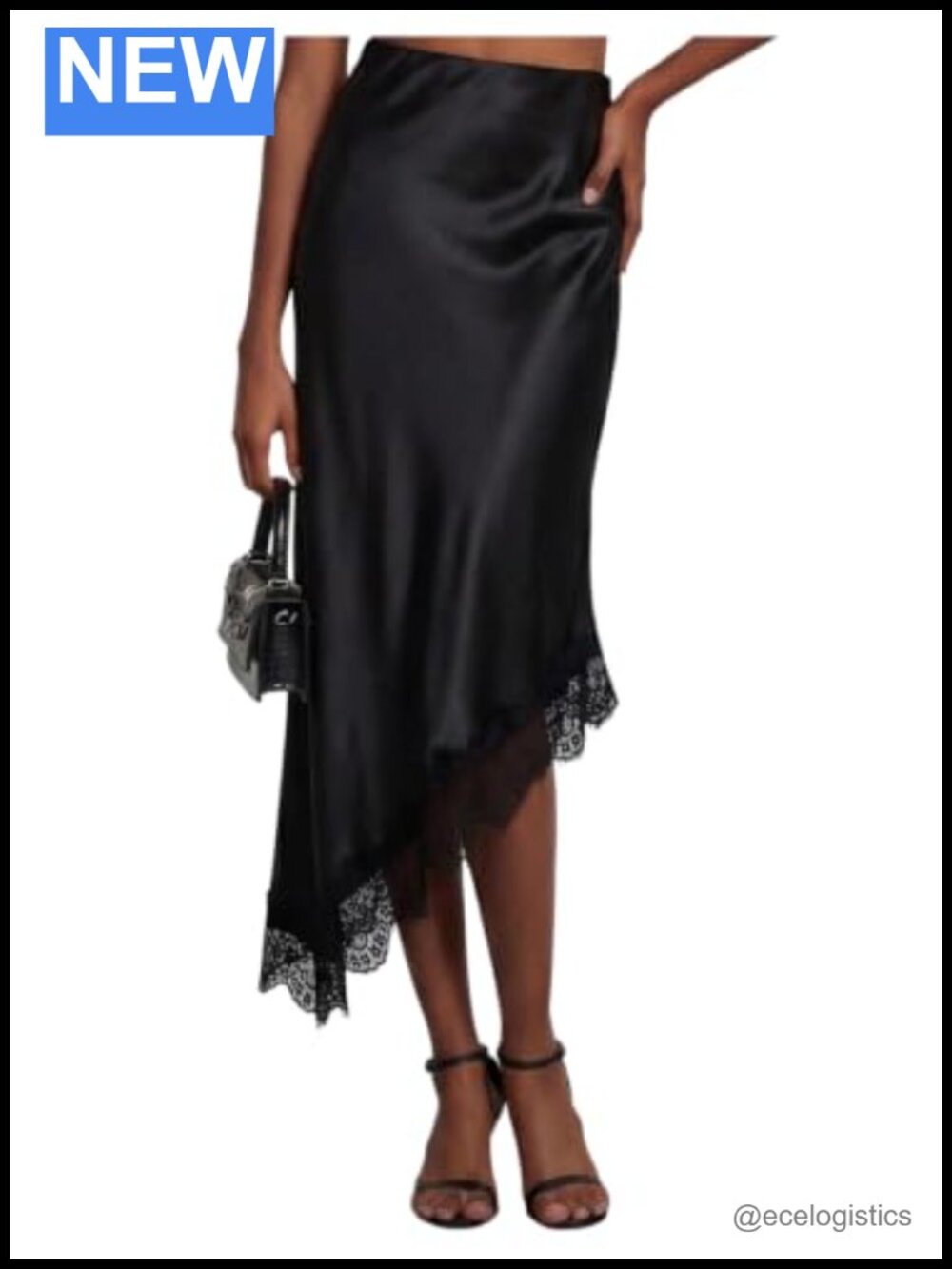 Silk Satin Midi Skirt with Lace Asymmetrical Hem High Waist